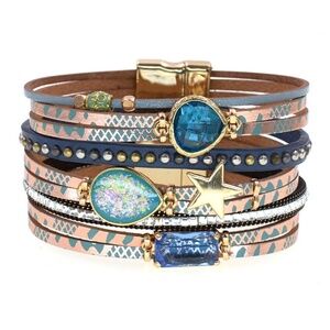 Blue & Gold Layered Wrap Bracelet – Boho Chic Magnetic Cuff with Charms & Crysta